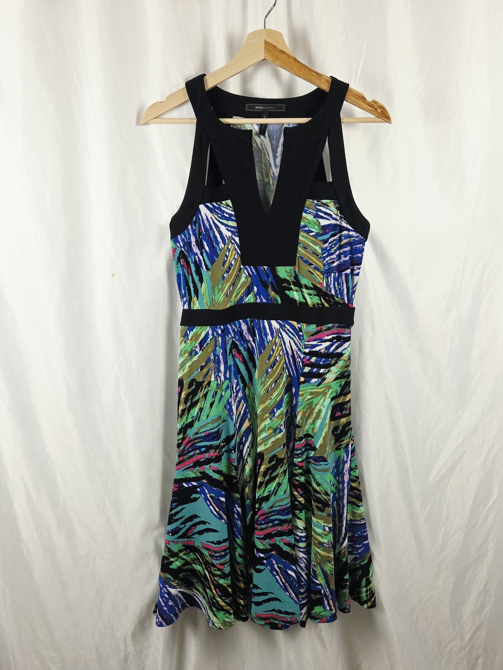 BCBG Maxazria Printed Fit & Flare Dress with Black Trim Multicolor Size Small
